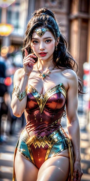 wonder woman kicking,opening legs, Japanese model girl, (1girl, solo), (wonder woman costume:1.2), 23yo, high ponytail, [long] black straight hair, huge natural breasts, narrow waists, (aqua earrings, diamond necklaces), (charming smile), [white teeth], hair blown by the breeze, 

(upper body portrait), looking at viewer, (pose, kicking), cinematic shot, natural and soft lighting, 

(normal body structure), (correct proportions), (normal limbs and fingers), better_hands, 
(masterpiece, best quality:1.4), (beautiful, aesthetic, perfect, delicate, intricate:1.2), (realistic:1.3)