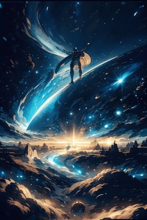 Superhero soaring through a cosmic landscape, high-quality, photorealistic, interstellar adventure, vibrant celestial colors, distant galaxies, astral energy, cosmic heroism, transcendent power,EpicArt,Futuristic room