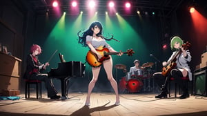 (3_characters),(((1girl playing a Gibson Les Paul e-guitar in a standing position))),(((1 realistic drummer with blue hair in the background and 1 girl with violet hair is playing violin))),(((realistic Gibson_Les_Paul_e-Guitar))), in background seeing many music instruments like violin_contrabass,piano,flutes,oboe,percussion,(realistic instruments)))),(((on the ground seeing some realistic_guitar_foot_pedal_devices))),((smooth light,red light ambience)), (gloomy), ((the girl has green hair and green eyes, closed mouth, smile, (((full_body)))), fantasy, aesthetic, (masterpiece, best quality, highres), trending on pixiv, solo, (((good hands))), ((anime_screencap)), perfect anime anatomy, ,ARYSTYLE3,