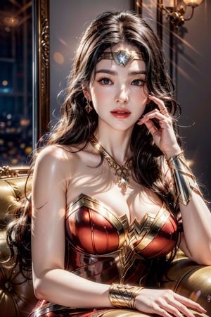 wonder woman sitting on a luxury mansion couch at night, Korean girl, (1girl, solo), (wonder woman costume:1.2), 23yo, high ponytail, [long] black straight hair, huge natural breasts, narrow waists, (aqua earrings, diamond necklaces), (charming smile), [white teeth], hair blown by the breeze, 

(upper body portrait), looking at viewer, (pose, sitting), cinematic shot, natural and soft lighting, (at night:1.4), ,

(normal body structure), (correct proportions), (normal limbs and fingers), better_hands, 
(masterpiece, best quality:1.4), (beautiful, aesthetic, perfect, delicate, intricate:1.2), (realistic:1.3), song-hyegyo