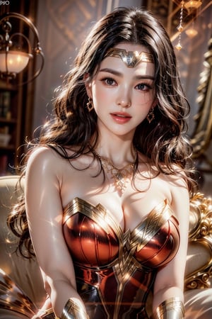 wonder woman sitting on a luxury mansion couch at night, Korean girl, (1girl, solo), (wonder woman costume:1.2), 23yo, high ponytail, [long] black straight hair, huge natural breasts, narrow waists, (aqua earrings, diamond necklaces), (charming smile), [white teeth], hair blown by the breeze, 

(upper body portrait), looking at viewer, (pose, sitting), cinematic shot, natural and soft lighting, (at night:1.4), ,

(normal body structure), (correct proportions), (normal limbs and fingers), better_hands, 
(masterpiece, best quality:1.4), (beautiful, aesthetic, perfect, delicate, intricate:1.2), (realistic:1.3), song-hyegyo