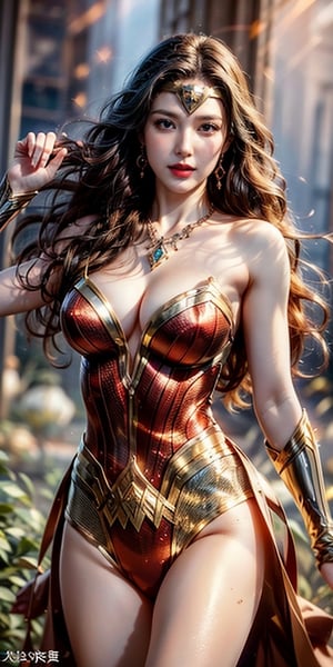 wonder woman kicking,opening legs, Japanese model girl, (1girl, solo), (wonder woman costume:1.2), 23yo, high ponytail, [long] black straight hair, huge natural breasts, narrow waists, (aqua earrings, diamond necklaces), (charming smile), [white teeth], hair blown by the breeze, 

(upper body portrait), looking at viewer, (pose, kicking), cinematic shot, natural and soft lighting, 

(normal body structure), (correct proportions), (normal limbs and fingers), better_hands, 
(masterpiece, best quality:1.4), (beautiful, aesthetic, perfect, delicate, intricate:1.2), (realistic:1.3)