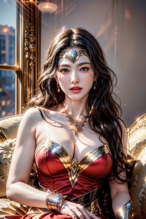wonder woman sitting on a luxury mansion couch at night, Korean girl, (1girl, solo), (wonder woman costume:1.2), 23yo, high ponytail, [long] black straight hair, huge natural breasts, narrow waists, (aqua earrings, diamond necklaces), (charming smile), [white teeth], hair blown by the breeze, 

(upper body portrait), looking at viewer, (pose, sitting), cinematic shot, natural and soft lighting, (at night:1.4), ,

(normal body structure), (correct proportions), (normal limbs and fingers), better_hands, 
(masterpiece, best quality:1.4), (beautiful, aesthetic, perfect, delicate, intricate:1.2), (realistic:1.3), song-hyegyo