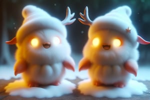 five cute chibi ghost snowmen ,with deer horns , Led lights body , sexy, mountain, moon, stars, valley, gnarly pine trees,xxmixgirl,ral-chrcrts,ghost person