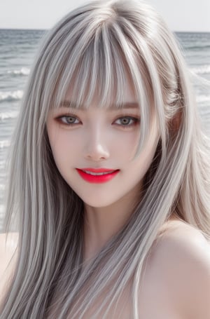 (8k, best quality, masterpiece), (ultra-detailed:1.1), (high detailed skin), bangs, 1girl, Elegant white dress with different details, watching, moonlit night on the beach, blue eyes, (white hair: 1.3), red eye shadow on the sides, smiling, high quality, clear, photo, detailed and vivid colors, hands correct