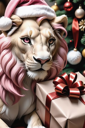 a beautiful girl with pink hair,a Santa Claus hat on her head, a Christmas tree with gifts in a bag next to it, a lot of details close-up, stroking a white lion,a lot of wool,a beautiful lion's muzzle,a lot of details,