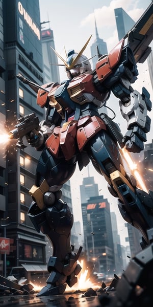 Realistic, (masterpiece1.2), (Ultra HDR quality),
City chaos unfolds as Gundam Mobile Suits of opposing factions collide in the blazing cityscape. The artwork depicts combat in a "dynamic" style, emphasizing the kinetic energy of the gundam's movement. The mood is a mix of danger and determination, reflecting the gravity of the situation. Illuminated by an explosive beam, the lighting style provides an intense and fiery atmosphere. This illustration is drawn in the style of Yoshiyuki Tomino. T-shirt design graphic, vector, contour, white background.

full body armor Black high detail and gold section detail, hitech armor detail, lethal look, cybernetic, perfect solid eyes, Mecha, black mask, proportional body, (gundam color: Black,White,yellow) gundam claw color:yellow BLACK GUNDAM