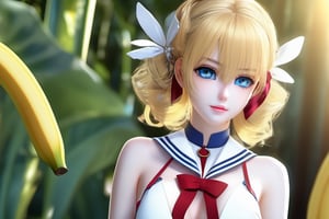 (((3 stars in a banana))) (a beautiful Japanese model),Masterpiece, Full: 1.3, Stand, 8K, 3D, Realistic, Ultra Micro Shooting, Top Quality, Extreme Detail CG Unity 8K Wallpaper, from below, intricate details, 27 years old, Impossibly long bright twin-tailed blonde, thin and very long straight twin-tailed blonde, hair bun, red round hair ornament in a hair bun, Sailor Senshi uniform, (blue collar, blue sailor collar, blue pre-gate mini skirt: 1.3, very large red bow on the chest: 1.3, long white latex gloves: 1.3, red gloves on the elbows, Very large red bow behind the waist: 1.1, cleavage is looking large, golden tiara, earrings), (face details: 1.5, bright blue eyes, beautiful face, beautiful eyes, shiny eyes, thin lips: 1.5, thin and sharp pale eyebrows, long dark eyelashes, double eyelashes), luxurious golden jewelry, huge white wings,thin, thin and muscular, small face, big breasts, perfect proportions, Thin waist, sexy model pose, visible pores, seductive smile, perfect hands: 1.5, high-leg swimsuit, very thin and fit high-gloss white holographic leather, octane rendering, very dramatic image, strong natural light, sunlight, exquisite lighting and shadow, dynamic angle, DSLR, sharp focus: 1.0, Maximum clarity and sharpness, (space background, moonlight, moon, dynamic background, detailed background)
,sv1