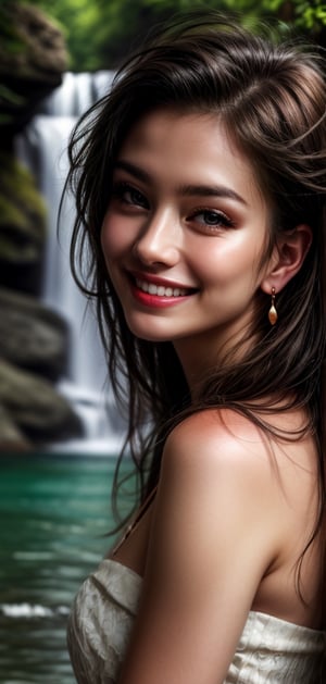 create a masterpiece, Best Quality, photorealistic, highly detailed, 1 beautiful woman daydreaming. She is wearing summer dress, longhair, earrings, necklace, beautiful detailed eyes, realistic detailed skin, smiling, perfect teeth, background of waterfall,
,blurry_light_background,perfecteyes