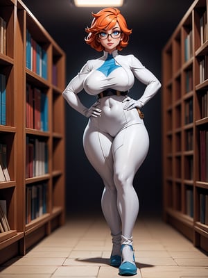 A woman, wearing white heroin costume, glasses, all white with blue parts, revealing skintight costume, monstrously giant breasts, wide hips, thick thighs, big ass, curvy, slightly chubby, orange hair, short hair, looking at the viewer,(((pose interacting and leaning [on a structure|on something|on an object]))), in a mage tower, bookshelves with books in them, ((full body):1.5), 16k, UHD, best possible quality, ultra detailed, best possible resolution, Unreal Engine 5, professional photography, well-detailed fingers, well-detailed hand, perfect_hands,3DMM