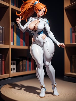 A woman, wearing white heroin costume, all white with blue parts, tight and tight costume, monstrously giant breasts, wide hips, thick thighs, big ass, curvy, slightly chubby, orange hair, short hair, looking at the viewer,(((pose interacting and leaning [on a structure|on something|on an object]))), in a mage tower, bookshelves with books in them, ((full body):1.5), 16k, UHD, best possible quality, ultra detailed, best possible resolution, Unreal Engine 5, professional photography, well-detailed fingers, well-detailed hand, perfect_hands,3DMM