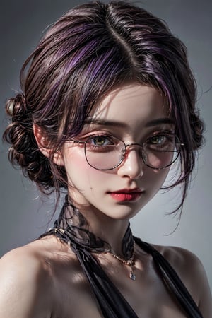 {{{masterpiece}}}, {{{best quality}}}, {{{ultra-detailed}}}, {cinematic lighting}, {frontal view}, 1girl, (20 years old), amber_eyes, (elegant short purple updo red highlights | multicolored_hair), oversized_glasses, perfect body, grey background, face focus, smirk, closed_mouth.