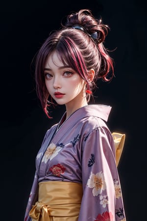 {{{masterpiece}}}, {{{best quality}}}, {{{ultra-detailed}}}, {cinematic lighting}, {frontal_view}, 1girl, short purple hair ((red highlights)), big yellow eyes, small nose, natural makeup, wearing a kimono, perfect body, highly detailed, detailed eyes.