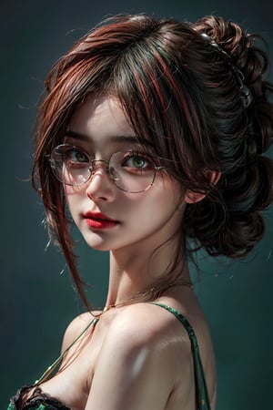 {{{masterpiece}}}, {{{best quality}}}, {{{ultra-detailed}}}, {cinematic lighting}, 1girl, (20 years old), amber_eyes, (elegant short green updo red highlights | multicolored_hair), oversized_glasses, perfect body, grey background, face focus, smirk, closed_mouth.