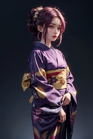 {{{masterpiece}}}, {{{best quality}}}, {{{ultra-detailed}}}, {cinematic lighting}, {frontal_view}, 1girl, short neat purple hair ((red highlights)), big golden eyes, small nose, natural makeup, wearing a kimono, perfect body, highly detailed, detailed eyes.