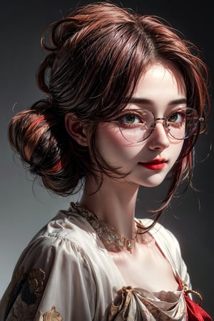 {{{masterpiece}}}, {{{best quality}}}, {{{ultra-detailed}}}, {cinematic lighting}, 1girl, (20 years old), amber_eyes, (elegant short white updo red highlights | multicolored_hair), oversized_glasses, perfect body, grey background, face focus, smirk, closed_mouth.