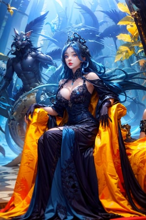 {{{masterpiece}}}, {{{best quality}}}, {{{ultra-detailed}}}, {cinematic lighting}, {frontal_view}, 1girl, blue_eyes, long_blue_hair, cleavage, sexy breasts, nice hands, golden_queen_dress, sparkles, sitting on throne, {color storms | red | blue | black | tornado}, highly detailed, detailed eyes, m4d4m