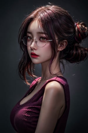 {{{masterpiece}}}, {{{best quality}}}, {{{ultra-detailed}}}, {cinematic lighting}, {frontal view}, 1girl, (20 years old), amber_eyes, medium (purple updo red highlights | multicolored_hair), oversized_glasses, perfect body, grey background, face focus, cold_expression, closed_mouth.