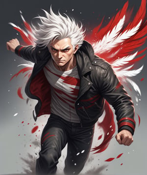 Mature Male fighter with white hair wearing  leather jacket with red stripes, detailed eyes, running poses, 4k, windy, highly detailed, (full body portrait), dynamic angle, ink splash style hawk, wings spread, detailed color feather, more detail XL,<lora:659095807385103906:1.0>