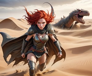 Surrealist anime art style, a lone red hair female warrior wearing cape in apocalyptic sand dunes, running at viewers, gigantic prehistoric sandworm with spikes and tough scales chasing from back, more detail XL,realistic