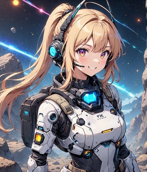 Masterpiece, 4K, ultra detailed, anime style, 1 cyber robot ponytail hair girl wearing tactical headset with fin antenna, smiling at viewers, color LED lights, SFW, vapor trails, rocky space asteroids , depth of field, 