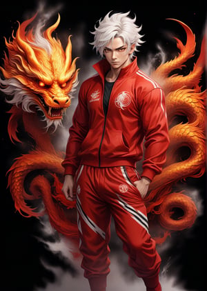 Male fighter with white hair wearing red tracksuit with black stripes, detailed eyes, 4k, windy, highly detailed, (full body portrait), dynamic angle, ink splash style dragon, standing poses, more detail XL, dragon chinese,,<lora:659095807385103906:1.0>