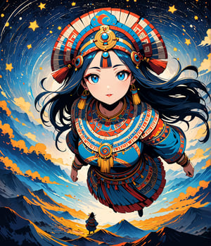 Masterpiece, 4K, ultra detailed, anime style, ancient Inca woman standing on mountain top, beautiful flawless face with great makeup, dangling earrings, colorful headpiece, epic starry night, windy, more detail XL, SFW, depth of field, (ukiyoe art style), Ink art, from above, fisheye lens,