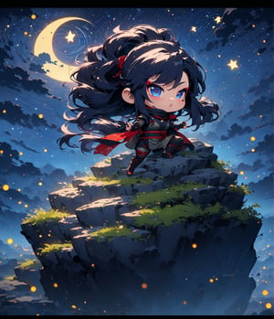 Masterpiece, 4K, ultra detailed, chibi anime style, strong female ninja with flawless makeup and glossy lips, long flowy hair wearing ninja outfit, on top of a rocky cliff, starry night, depth of field, SFW, Ukiyoe Art Style,