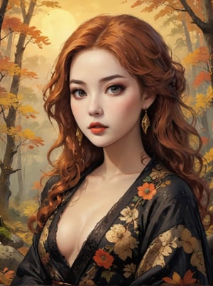 Masterpiece, 4K, ultra detailed, beautiful female singer with flawless dark makeup, beautiful detailed eyes and glossy lips, golden earring, wavy long ginger hair, sheer lace robe, large boulder in quiet autumn forest during sunset, depth of field, SFW, more detail XL, Ukiyoe Art Style,