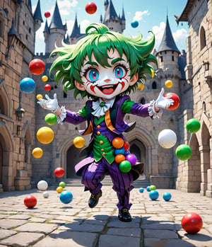 (masterpiece, high quality, 8K resolution, ultra detailed), Chibi anime style, 1 happy joker juggling balls in the castle courtyard, face paint, depth of field, best quality, SFW, 