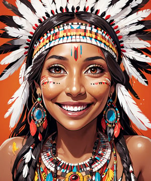 Masterpiece, 4K, ultra detailed, anime style, 1 brown skinned female American Indians chief smiling at viewers, beautiful flawless face with glamourous makeup, dangling earrings, more detail XL, SFW, depth of field, ,Ink art