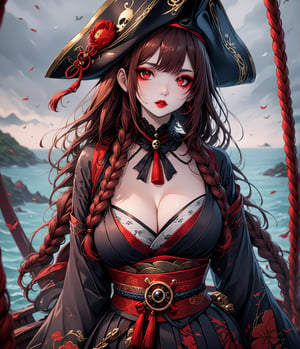 Masterpiece, 4K, ultra detailed, beautiful long braided brown hair pirates woman on a haunted sailboat, glowing red eyes with goth makeup, busty, foggy and windy, more detail XL, SFW, depth of field, (ukiyoe art style), Details,