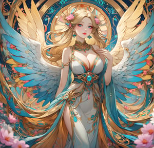 Masterpiece, 4K, ultra detailed, 1 golden blonde angel woman with angelic makeup enhance by her seductive pink lips, gray and cyan ombre detailed feather wings, busty with ample cleavage, traveling through mystical flowering forest, (art nouveau ), SFW, depth of field, ,more detail XL, ,dunhuang, 