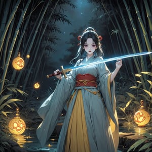 Masterpiece, 4K, ultra detailed, anime style, female ghost buster with flawless makeup and dark blue lips, yellow paper talisman with red wooden sword on 1 hand, dark satin robe, (Gourd Water Bottle tied to waist), in a dark bamboo forest at night, floating ghost spirit in the back, depth of field, SFW,huayu,glowing sword
