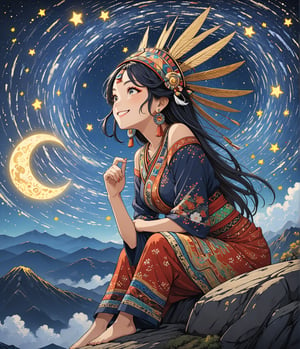 Masterpiece, 4K, ultra detailed, anime style, mature and elegant Inca woman sitting on mountain top boulder, beautiful flawless face with great makeup smiling, dangling earrings, colorful headpiece, epic starry night, windy, more detail XL, SFW, depth of field, (ukiyoe art style),