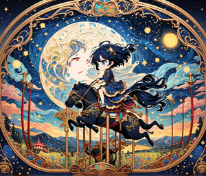 Masterpiece, 4K, ultra detailed, chibi anime style, beautiful girl riding on carousel, epic starry night, windy, more detail XL, SFW, depth of field, Ink art, art nouveau 