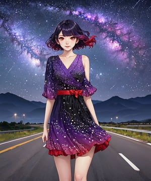 Masterpiece, 4K, ultra detailed, beautiful black and purple ombre hair woman walking in a empty 
highway wearing short sparkly red satin dress, perfect makeup and smiliing, epic starry night, windy, more detail XL, SFW, depth of field, (ukiyoe art style),