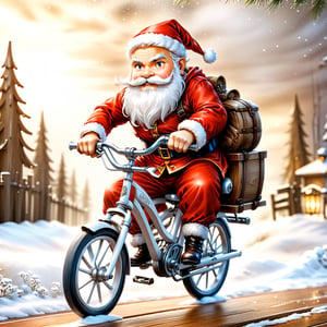 ((anime chibi style)), Santa Claus with white thick beard riding a vintage wooden bicycle, dynamic angle, depth of field, detail XL, ,(anime),Luis Royo