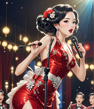 Masterpiece, 4K, ultra detailed, beautiful woman singing in Karaoke, glossy red lips and glamours makeup, dangling earring and crystal waist sash, elegant and fancy dress, mic stand, SFW, depth of field, backlighting, ukiyoe Art Style,