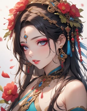 Masterpiece, 4K, ultra detailed, beautiful lady with glamorous makeup, beautiful eyes and seductive glossy lips, dangling earring, romantic flower petals, depth of field, SFW, dunhuang