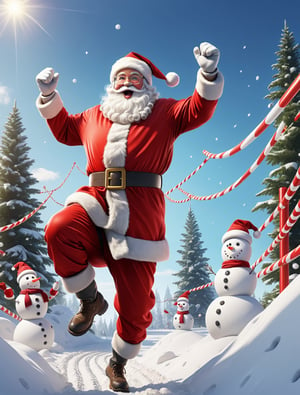 1 Santa Claus training in obstacle course, Captain snowmen cheering, dynamic angle, SFW, solo,sci-fi,realistic, motion_lines