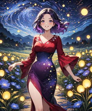 Masterpiece, 4K, ultra detailed, beautiful black and purple ombre hair mature woman walking in a flowering pathway wearing short sparkly red satin dress, perfect makeup and smiliing, epic starry night, windy, more detail XL, SFW, depth of field, (ukiyoe art style),