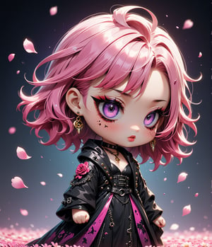 Masterpiece, 4K, ultra detailed, chibi anime style, beautiful female singer with dark makeup, beautiful detailed eyes and glossy lips, golden earring, long purple and pink ombre hair, flowy sheer robe, romantic flower petals, windy, depth of field, SFW, more detail XL, punk art style,