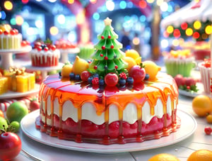 ((anime)), mixed fruiy cake made of jello, Christmas setting, dynamic angle, depth of field, detail XL, ,booth,food focus