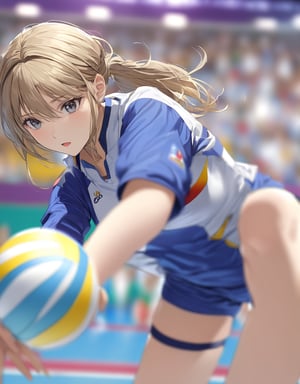 Masterpiece, 4K, ultra detailed, beautiful female athlete playing volleyball, Olympic competition, SFW, depth of field, 