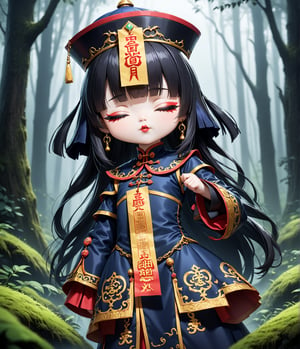 Masterpiece, 4K, ultra detailed, chibi anime style, frightening female Jiangshi with flawless goth makeup, paper talisman on forehead and glossy lips, eyes closed, golden earring, wavy long hair, dark silk robe with very long sleeves, in a misty dark forest, depth of field, SFW, more detail XL,