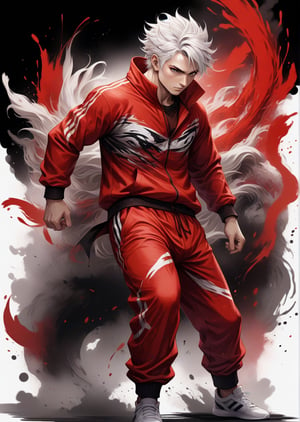 Male fighter with white hair wearing red tracksuit with black stripes, detailed eyes, 4k, windy, highly detailed, (full body portrait), dynamic angle, ink splash style, standing poses, more detail XL,dragon chinese,<lora:659095807385103906:1.0>