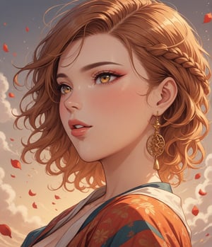 Masterpiece, 4K, ultra detailed, beautiful lady with natural makeup, beautiful detailed eyes and glossy lips, golden earring, brown and ginger ombre braided hair, romantic flower petals, colorful bellowing smoke, windy, depth of field, SFW, ukiyoe art style,