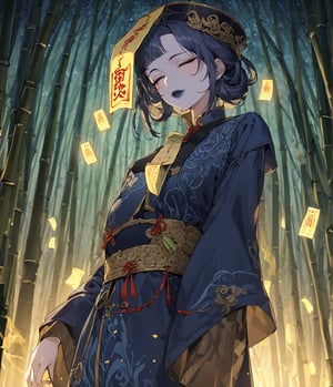 Masterpiece, 4K, ultra detailed, anime style, female Jiangshi with flawless makeup, yellow paper talisman on forehead and dark blue lips, eyes closed, dark sheer robe with very long sleeves, in a dark bamboo forest at night, floating ghost spirit in the back, depth of field, SFW, more detail XL, Ukiyoe Art Style,