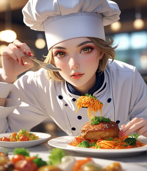 Masterpiece, 4K, ultra detailed, solo, 1 professional female chef with glamorous makeup, chef hat, fantastic cuisine, depth of field, SFW,